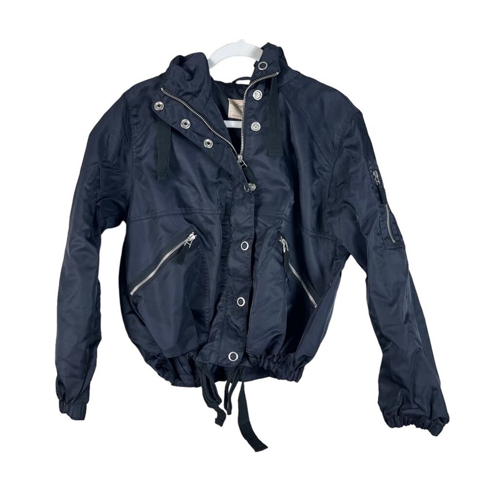 Free People Y2K Cargo Windbreaker Utility Jacket Coat Hood Parka Nylon Black XS